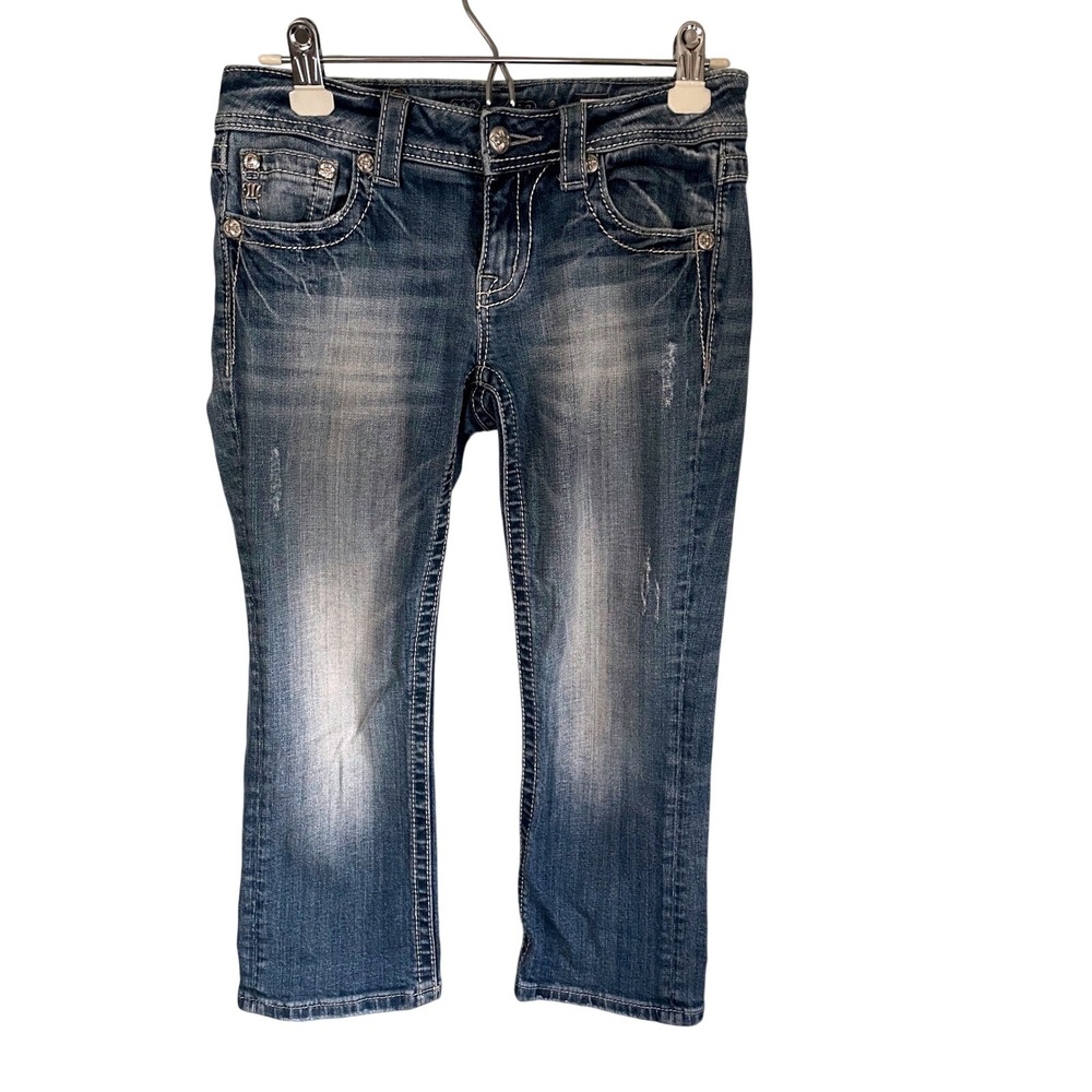 Miss Me Women 27 Medium Wash Embellished JP5395P2 Cuffed Capri Jeans Low Rise